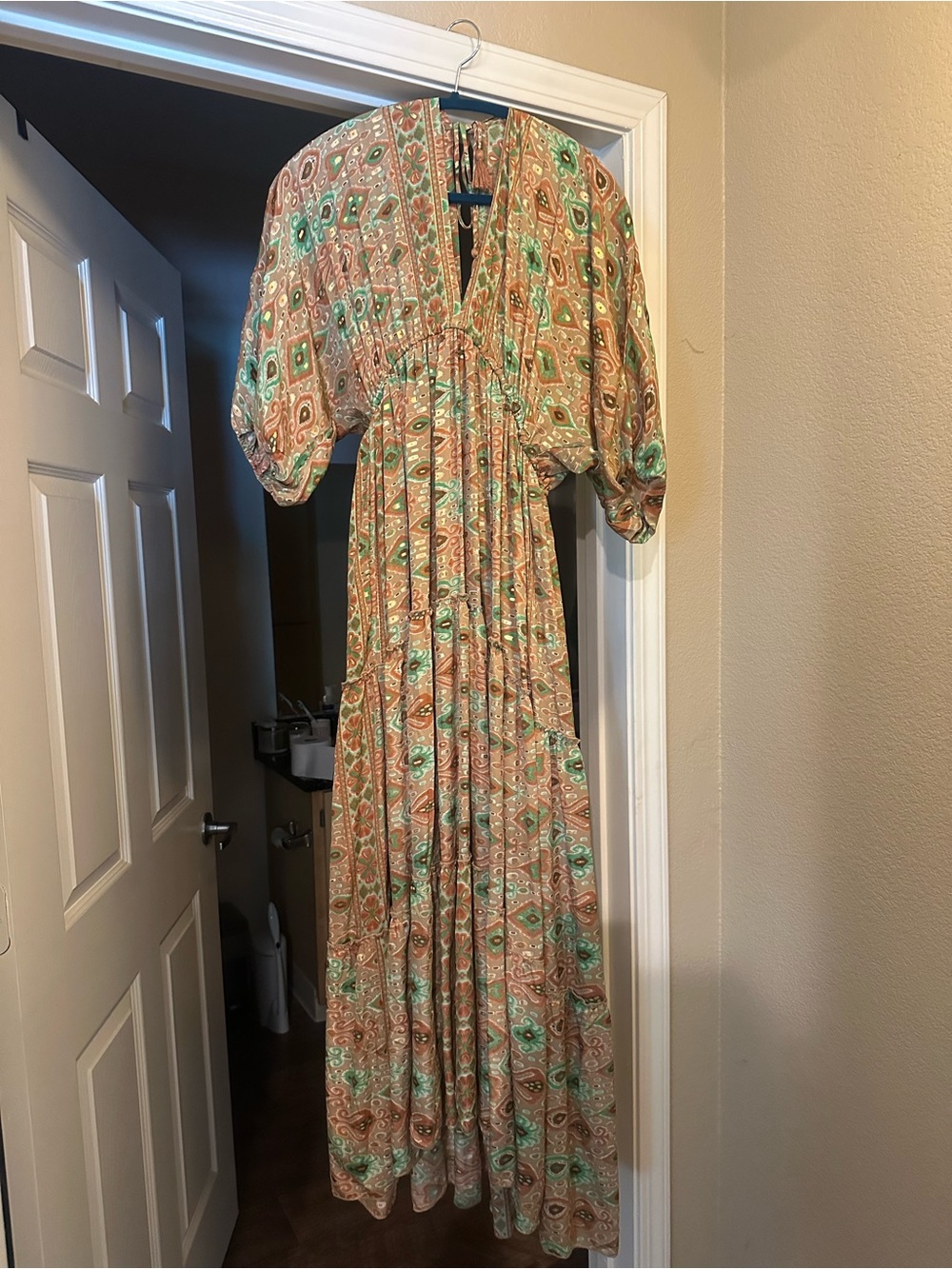 Bohemian Puff-Sleeve Maxi Dress in Tan & Mint